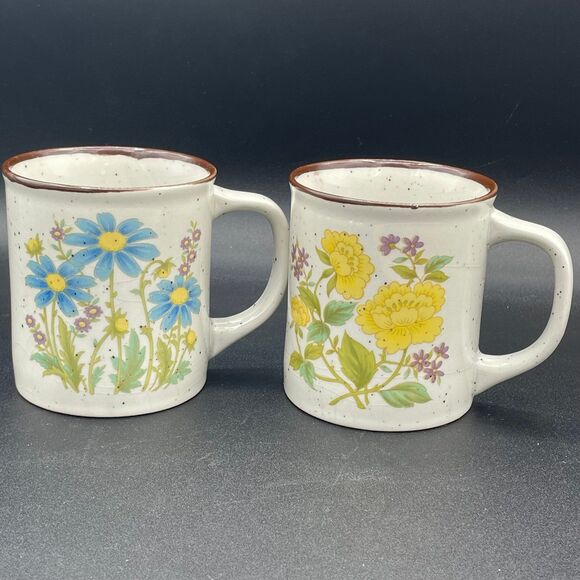 Vintage Otagiri Wildflower Coffee Tea Mugs Japan Yellow & Blue Daisy Speckled - Picture 2 of 7